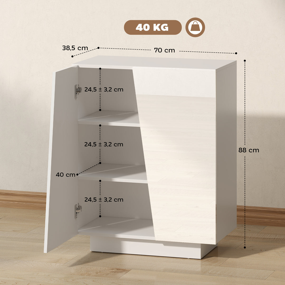 Buffet meuble de rangement avec placard double porte et étagère réglable, 70 x 40 x 88 cm, blanc brillant