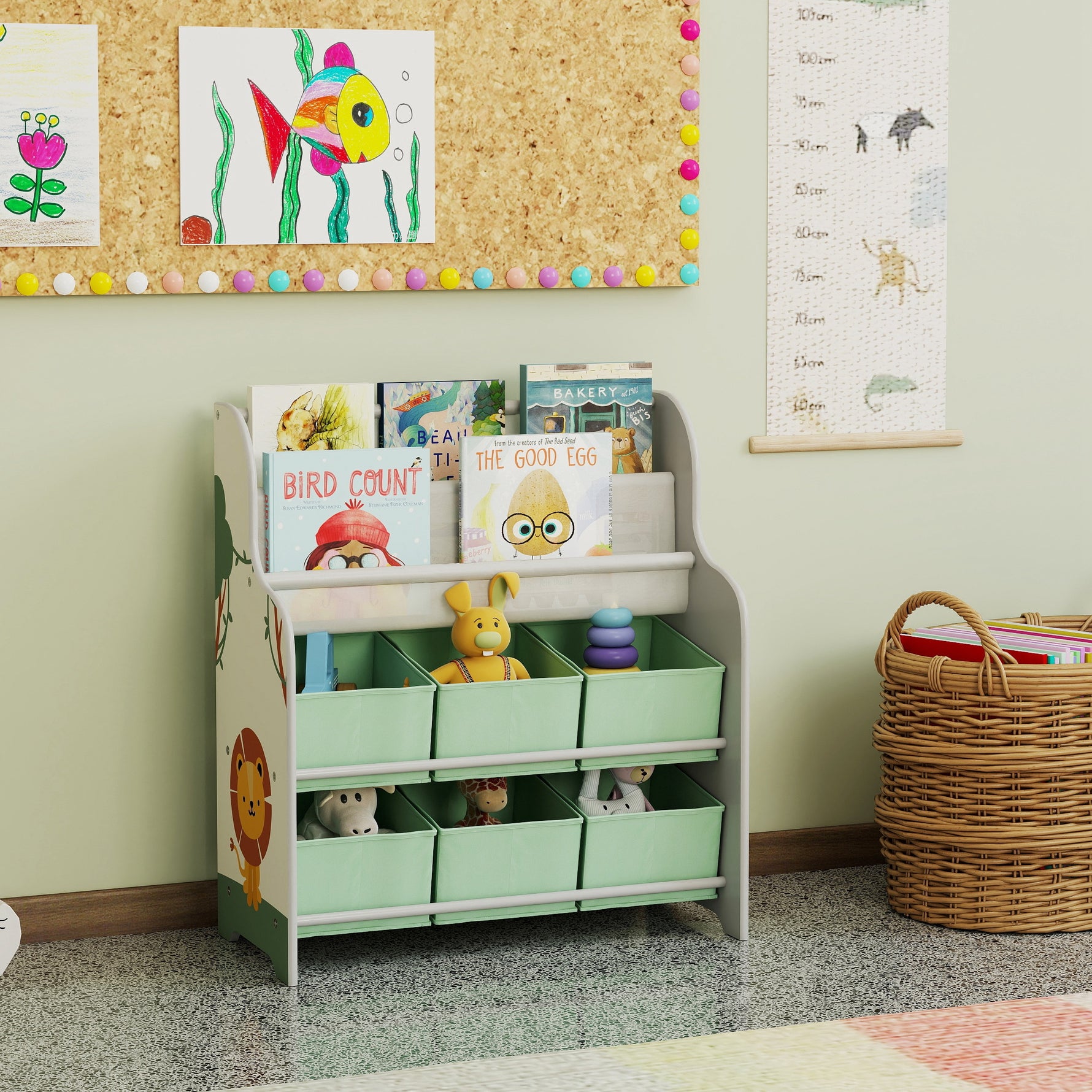 Meuble rangement enfant, rangement jouet enfant, 6 tiroirs en tissu et étagère à deux niveaux, 63x30x71cm, vert