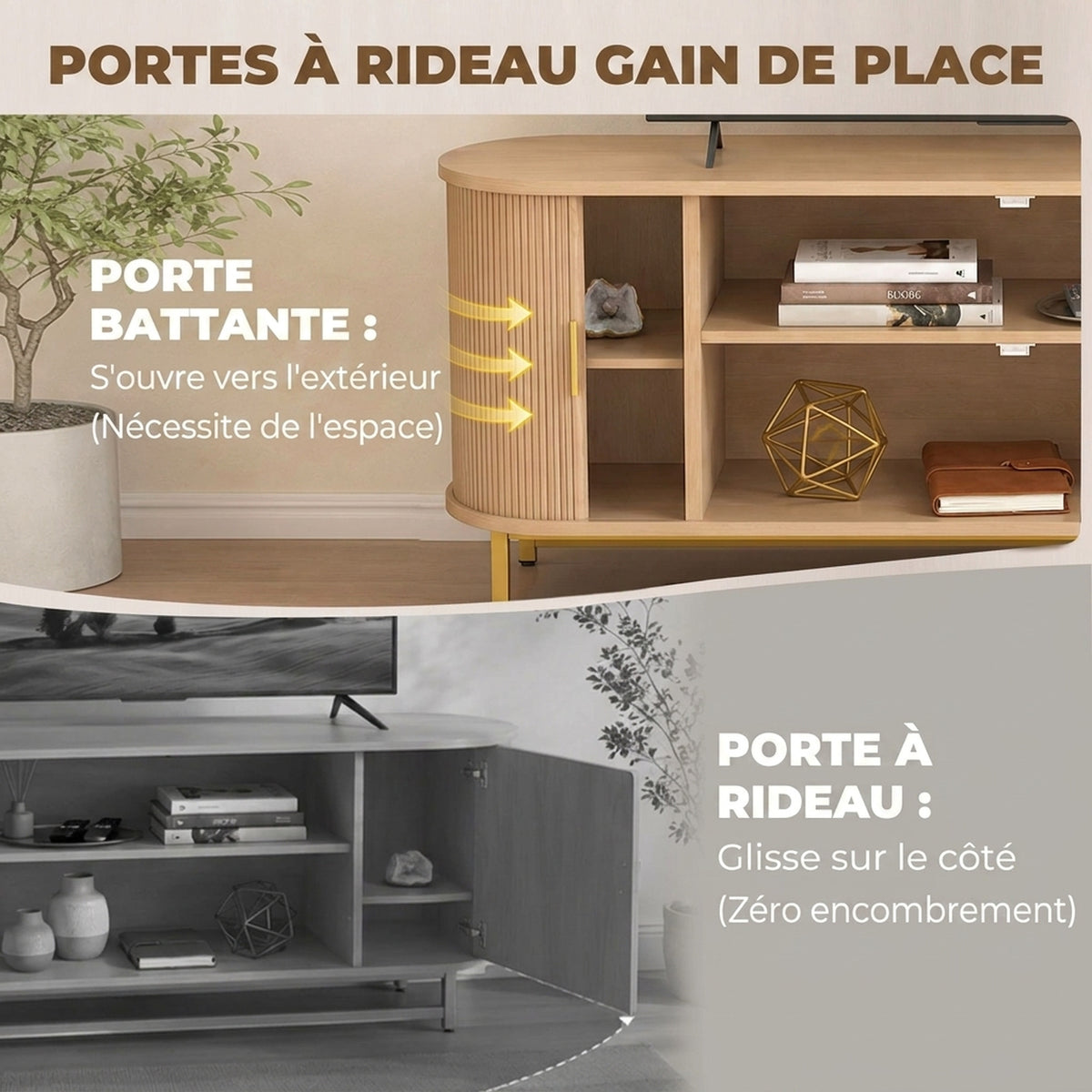 Meuble TV 140 cm avec 2 Prises et 2 Ports, Meuble Télé pour 84 Pouces, 2 Portes Battantes, 2 Portes Coulissantes, Chêne