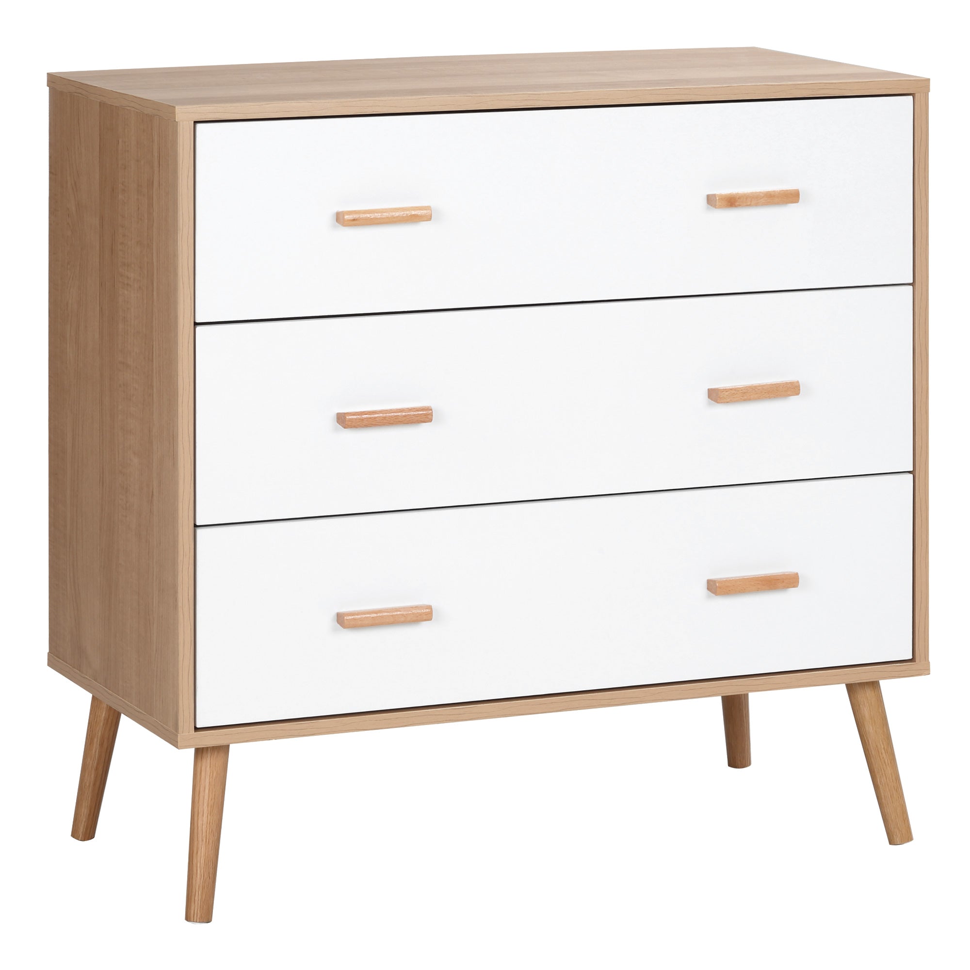 Kommode im skandinavischen Design mit 3 ausziehbaren Schubladen, schrägen konischen Beinen und Spanplatten in heller Holzoptik