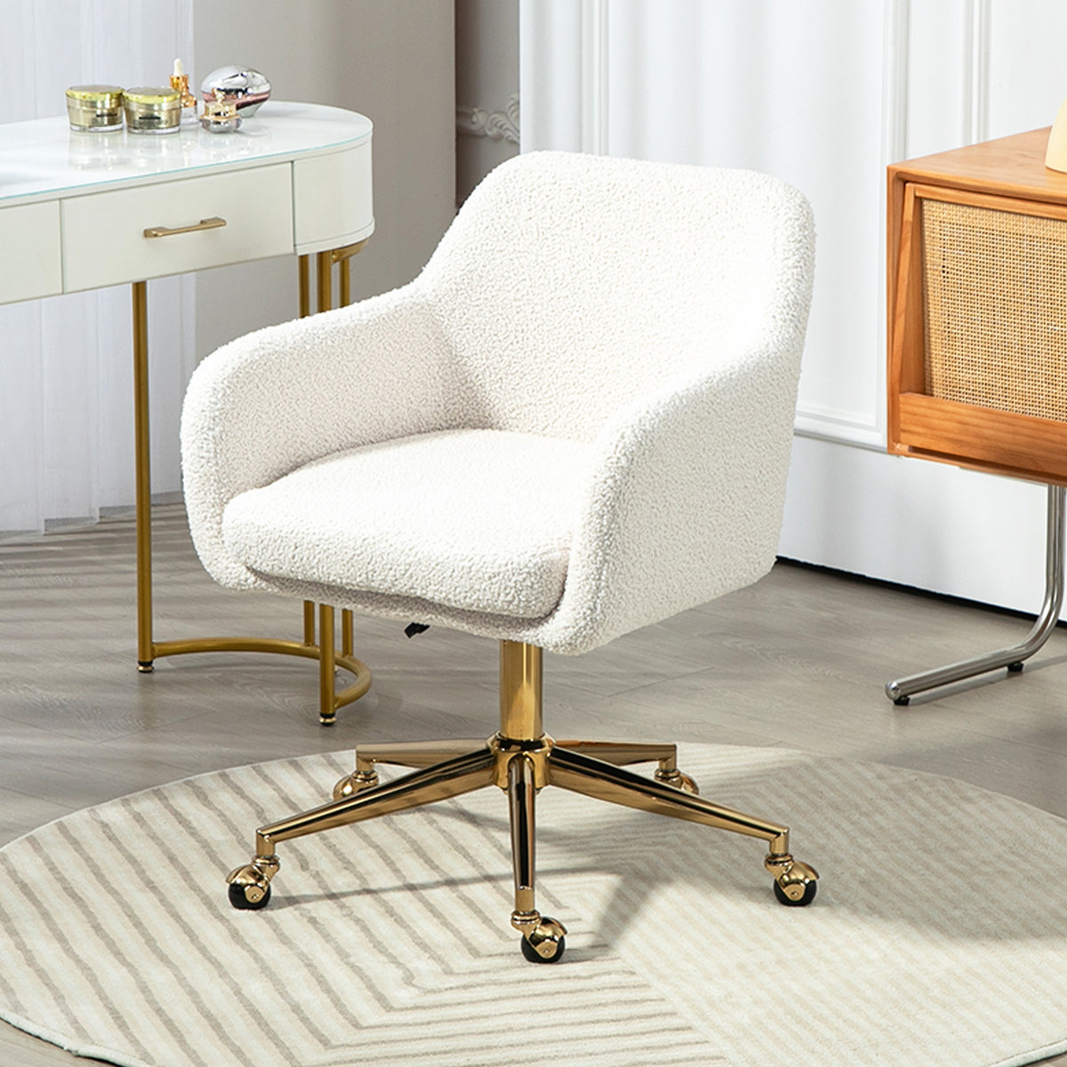 Chaise de bureau fauteuil de bureau avec roulettes hauteur réglable assise pivotante à 360° 60 x 61 x 79-88 cm crème