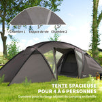 Tente de camping familiale pour 4-6 personnes, tente tunnel imperméable 3000 mm avec 2 portes, sac de transport, noir