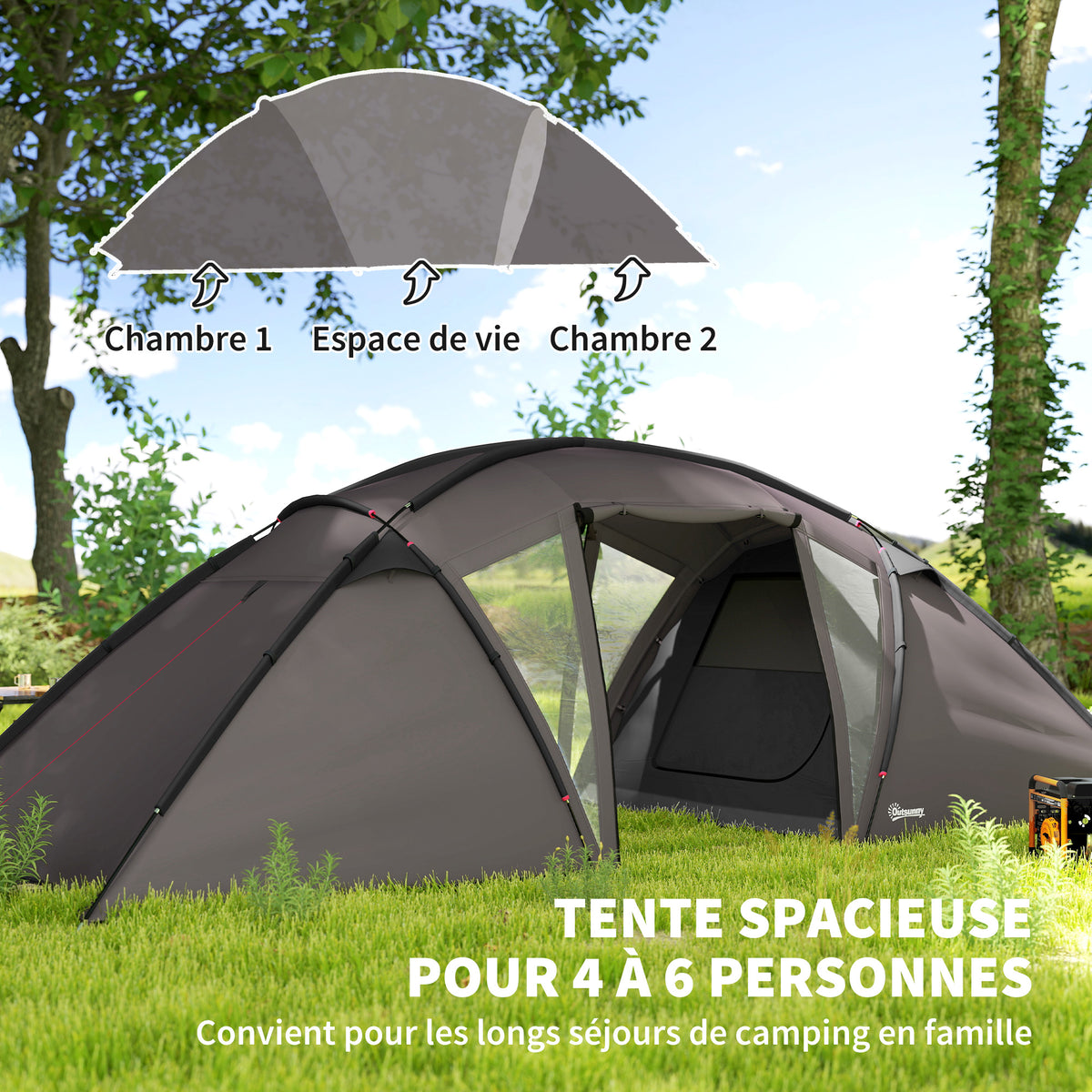 Tente de camping familiale pour 4-6 personnes, tente tunnel imperméable 3000 mm avec 2 portes, sac de transport, noir