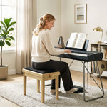 Banc de Piano, Tabouret Piano Réglable en Hauteur 45-56 cm, Banc de Clavier, Siège Rembourré en Velours, Bois Naturel