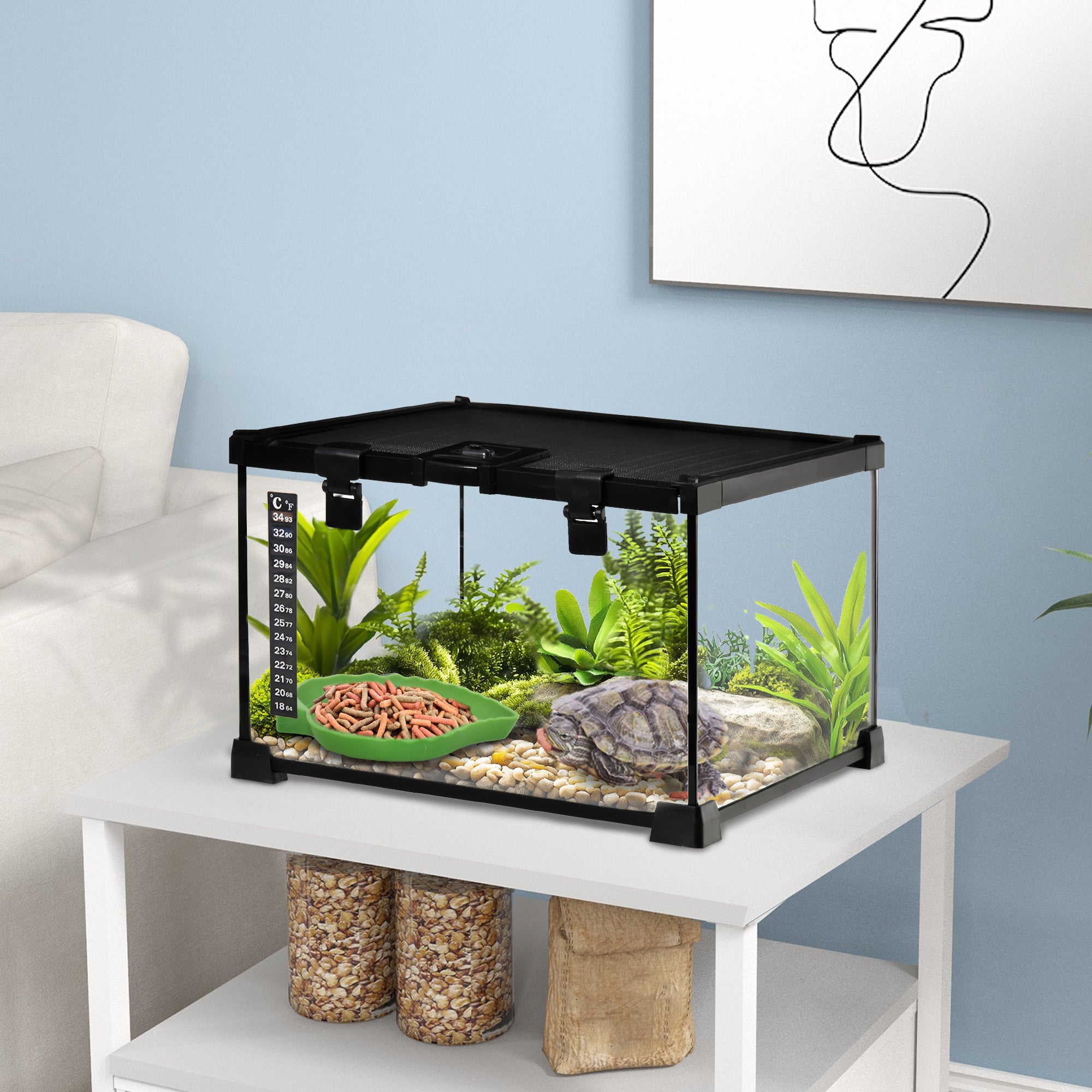 Scatola per rettili, contenitore per l'allevamento di rettili, habitat per terrario, coperchio scorrevole, rete metallica, termometro