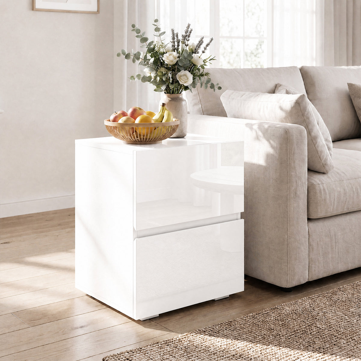 Set di 2 Comodini, Tavolini con 2 Cassetti, Frontali Lucidi, Ampio Piano, 40x40x58cm, Bianco