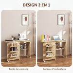 Table de couture pliante meuble couture à abattant avec bacs de rangement, étagère ouverte et roulettes, bois naturel