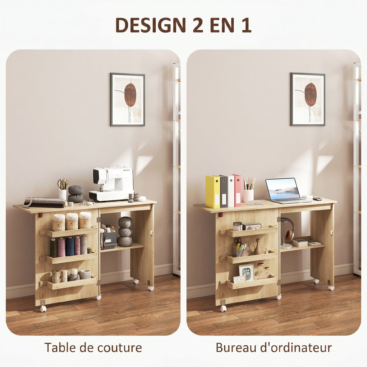 Table de couture pliante meuble couture à abattant avec bacs de rangement, étagère ouverte et roulettes, bois naturel