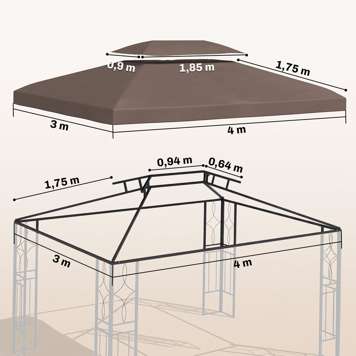 Toldo de repuesto para cenador marrón 3 x 4 m