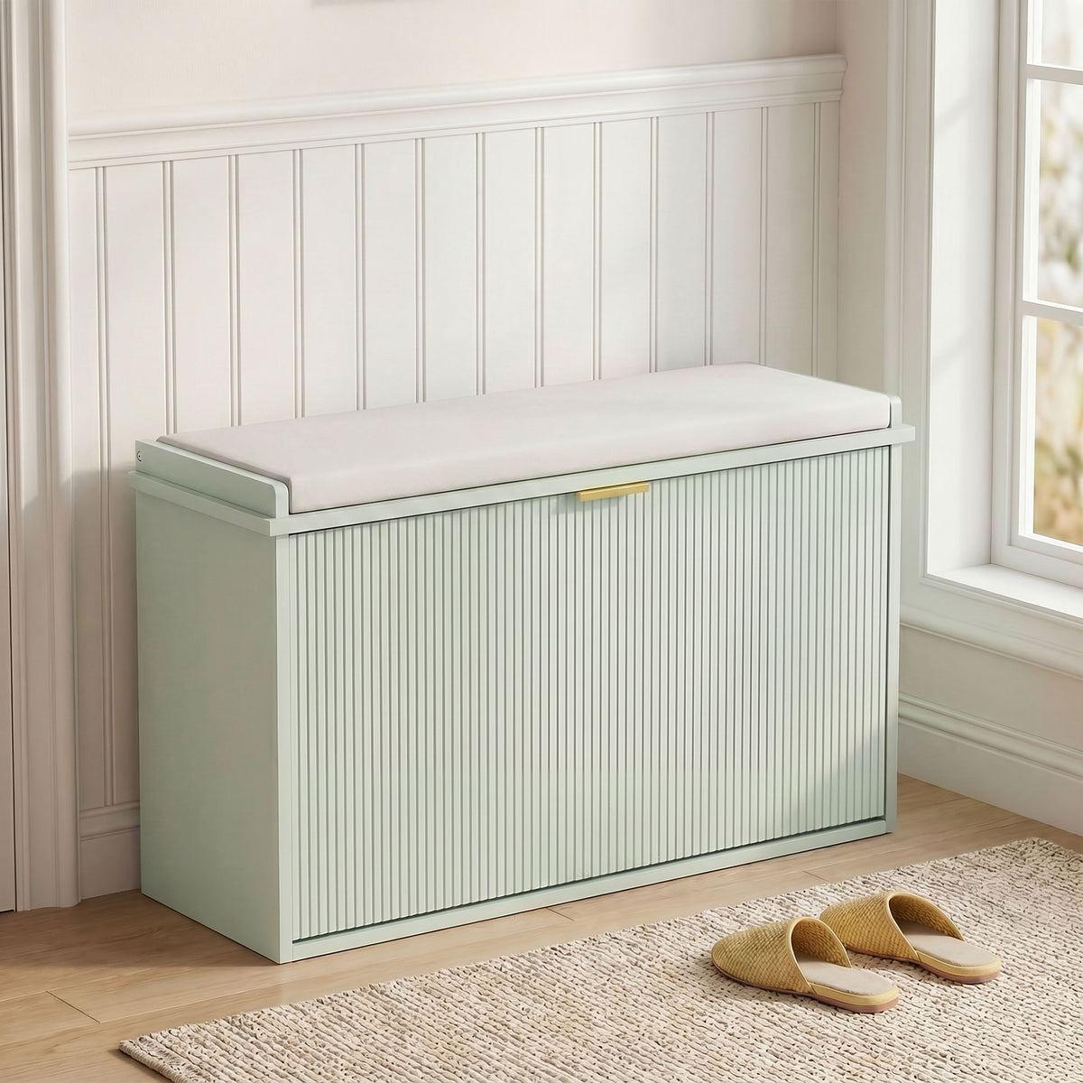 Banco zapatero con cojín de asiento acolchado y cajón abatible para pasillo, dormitorio, 80 x 26 x 47,5 cm, verde