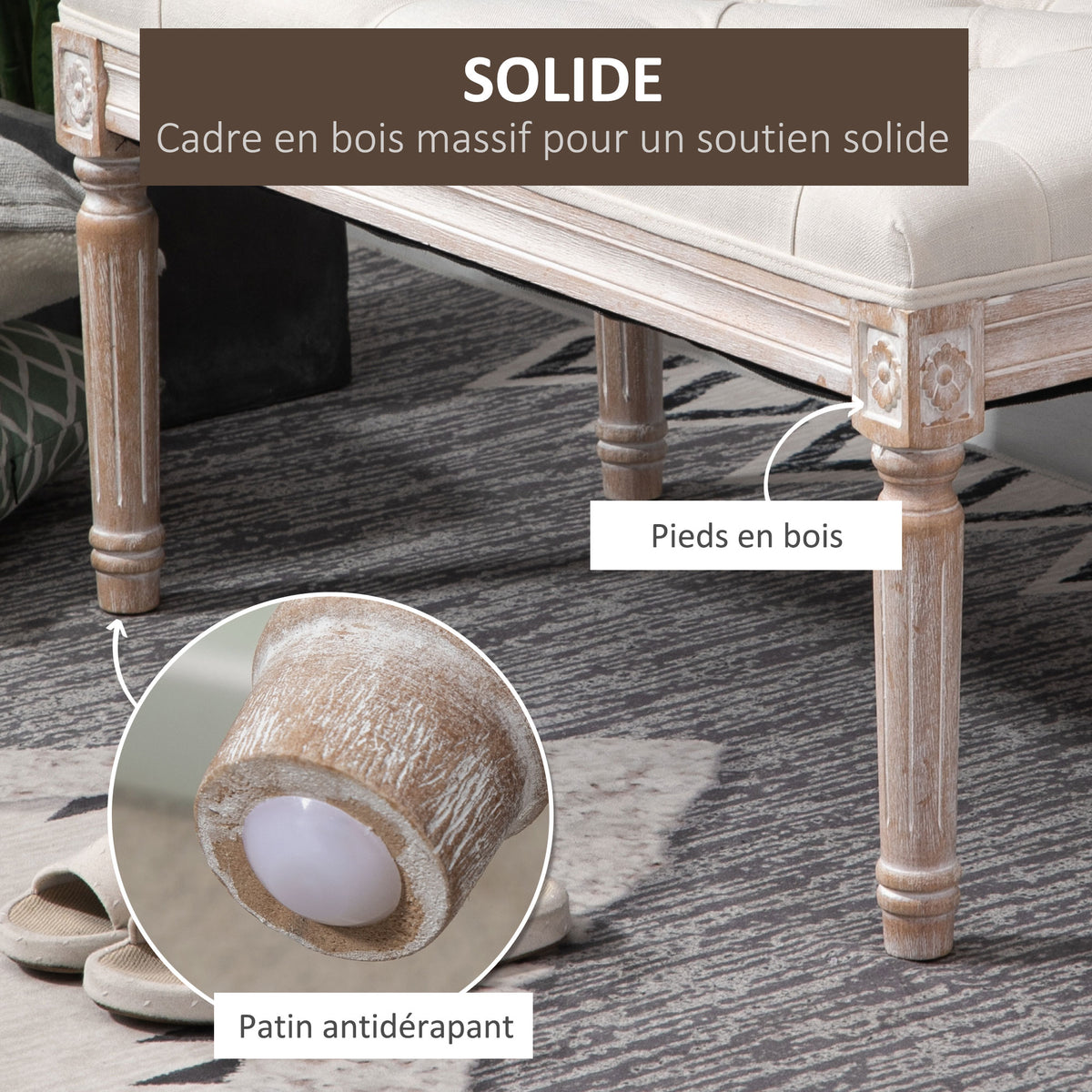 Banc Banquette classique capitonné 80cm bout de lit Rembourrée en lin - bois d'hévéa sculpté, patiné - Crème