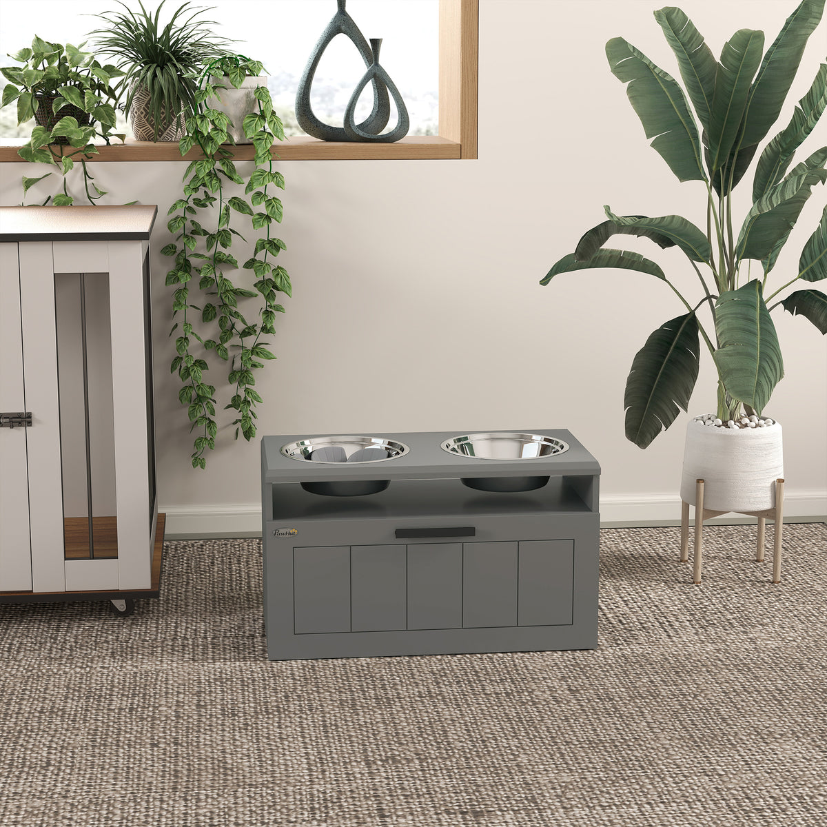 Gamelle Chien Surélevée avec Bols Anti-Glouton & Eau en Acier Inoxydable, Tiroir de Rangement, 60x30x35cm, Gris