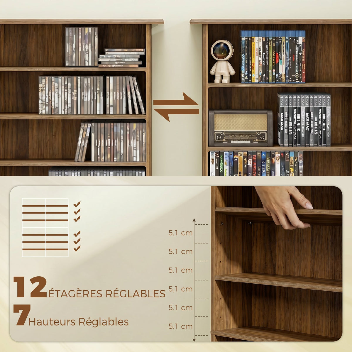 Rangements pour CD et DVD avec 16 compartiments et 12 étagères réglables capacité max. 720 CD/396 DVD et Blu-ray noyer