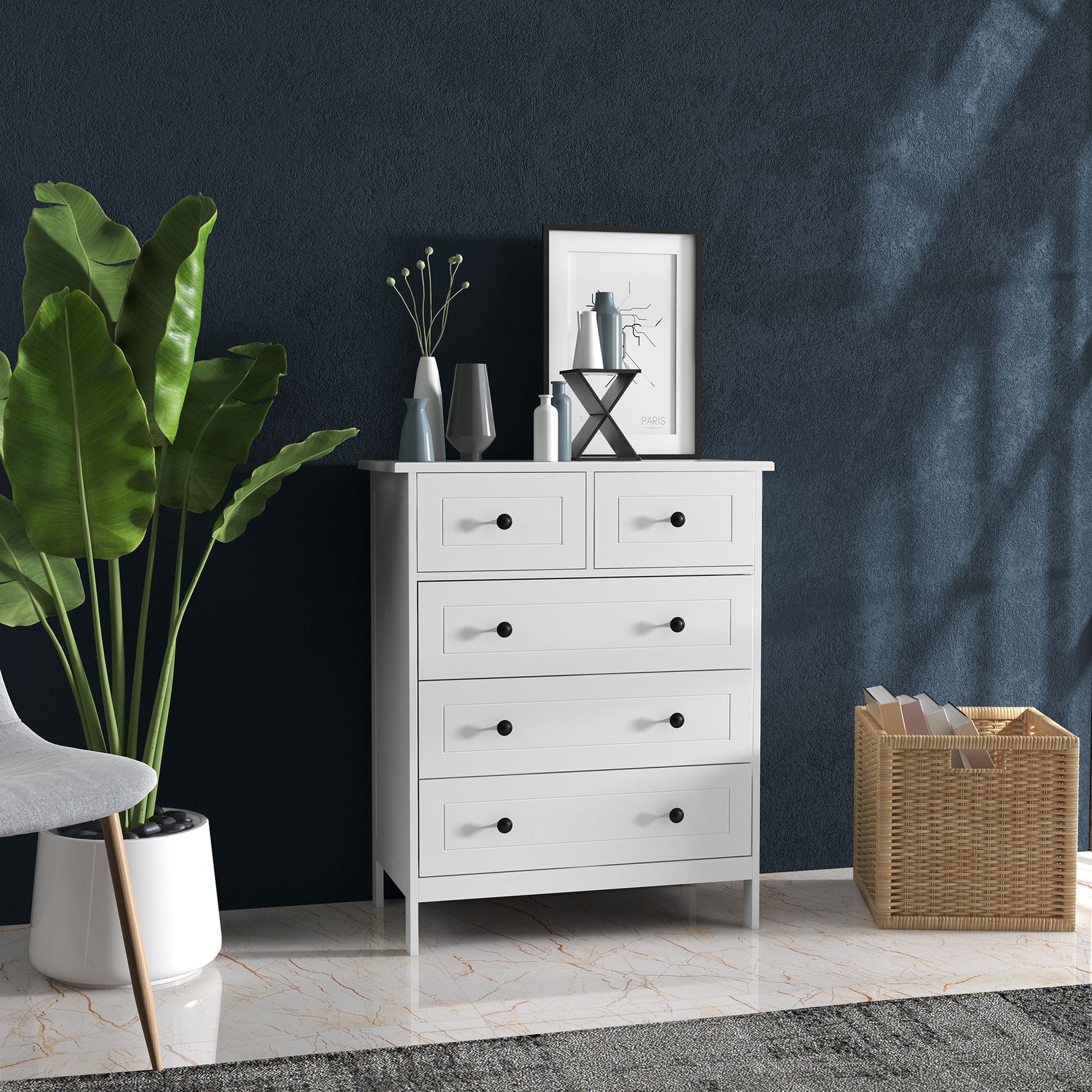 Commode meuble de rangement 5 tiroirs pour chambre, bureau, entrée, blanc et poignée métal noir