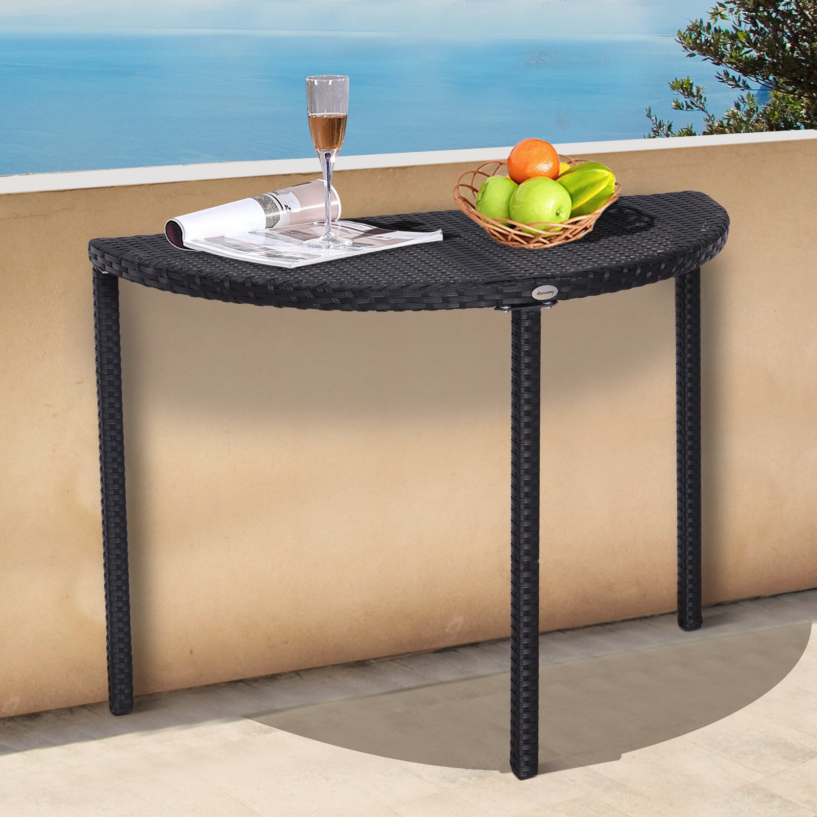 Table de jardin demi cercle - table de balcon demi lune - 100L x 50l x 74H cm résine tressée 4 fils imitation