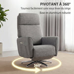 Fauteuil Relax Électrique Pivotant 360°, Fauteuil Inclinable avec Appui-Tête Réglable, Ports USB, Tissu en Lin, Gris
