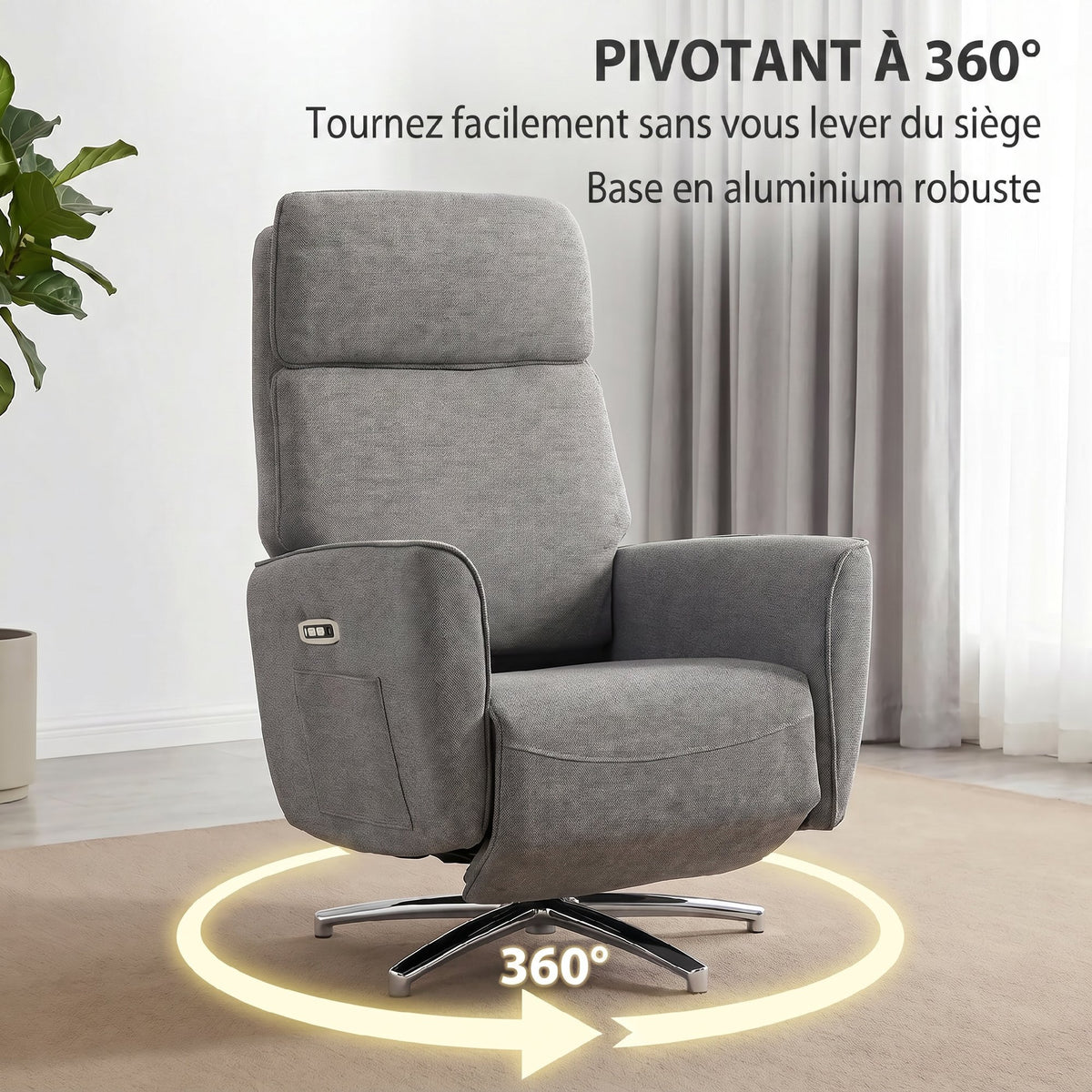 Fauteuil Relax Électrique Pivotant 360°, Fauteuil Inclinable avec Appui-Tête Réglable, Ports USB, Tissu en Lin, Gris