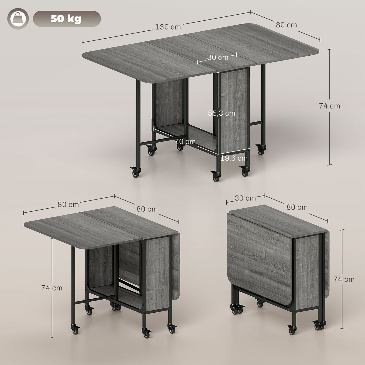 Table pliante de cuisine extensible salle à manger sur roulettes jusqu'à 6 personnes étagère intégrée, 6 roues, Gris