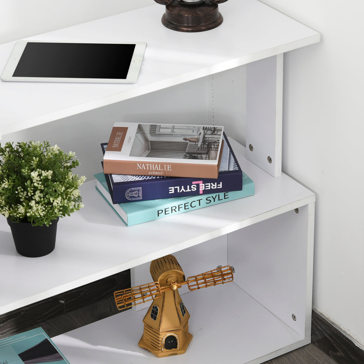 Scrivania angolare tavolo da pranzo con contenitore scrivania per computer modulare libreria integrata + scaffale a 3 livelli bianco