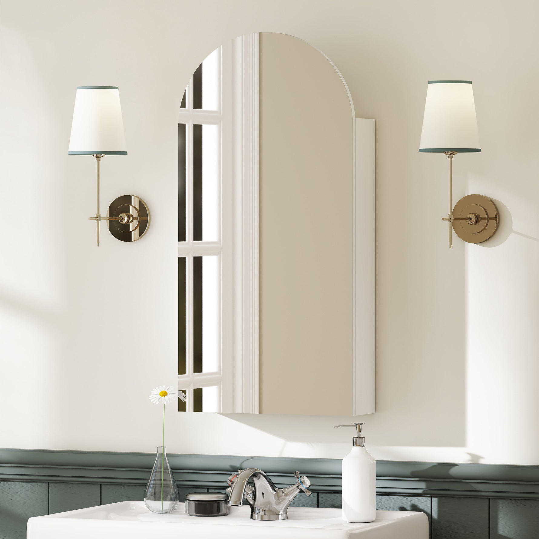 Armoire murale salle de bain avec miroir, meuble salle de bain sans cadre en arche et étagères en verre réglables, blanc