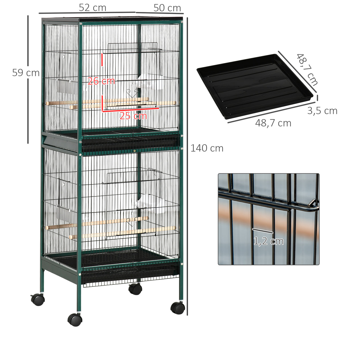 Grote dubbele vogelkooi op standaard met voerbakken, zitstokken, uitneembare lade en wieltjes - Afm. 51,5L x 50B x 140H cm