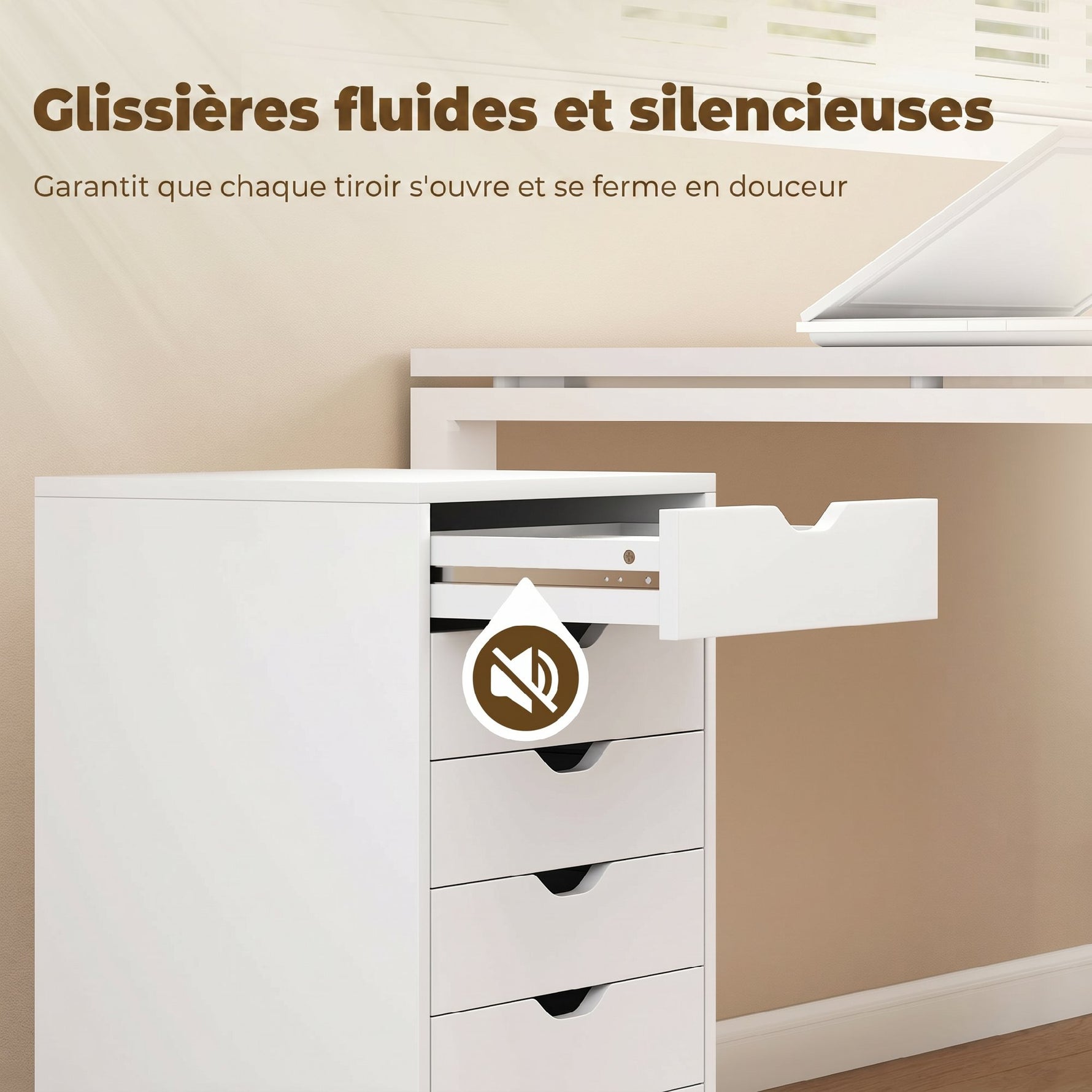 Caisson de Bureau Mobile avec 6 Tiroirs Silencieux, Caisson de Rangement sur Roulettes,  40 x 35 x 63 cm, Blanc