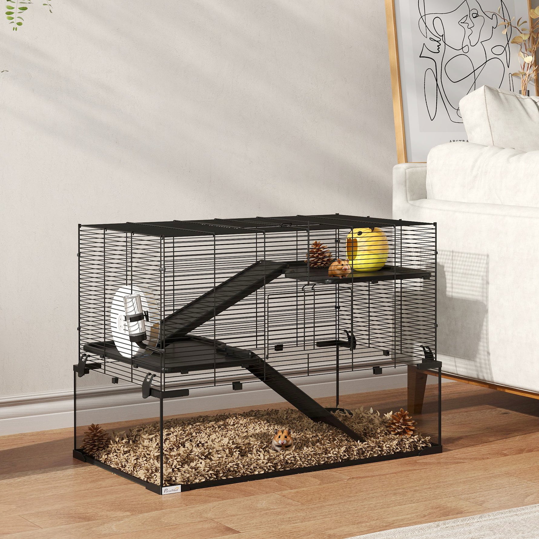 Cage hamster cage rongeur 3 niveaux avec roue rampes maisonnette abreuvoir mangeoire 76,5L x 48,5l x 54,5H cm noir