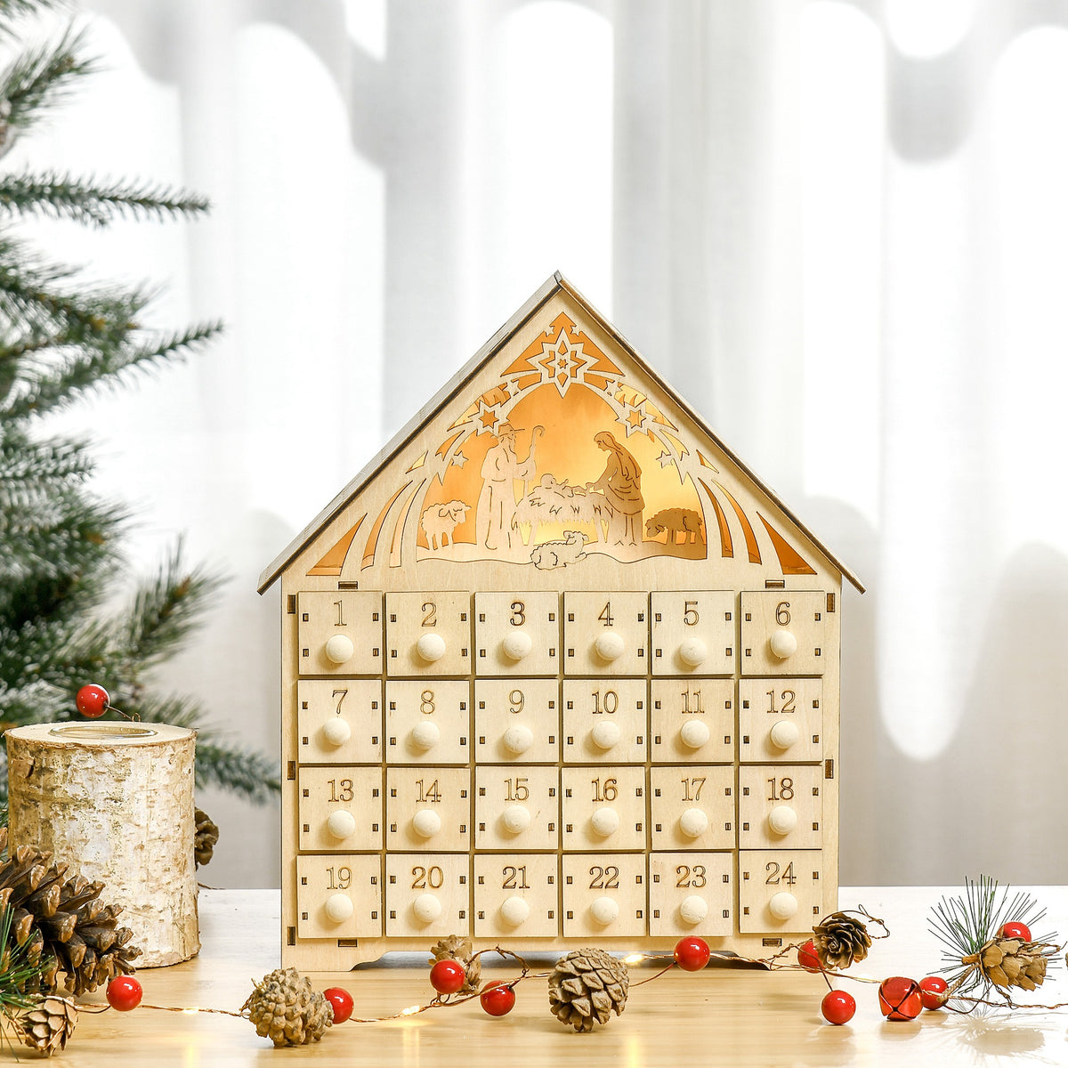 Calendario dell'Avvento in legno da riempire, decorazione natalizia con 24 cassetti e 5 luci LED, 26,6x6x30cm, legno naturale