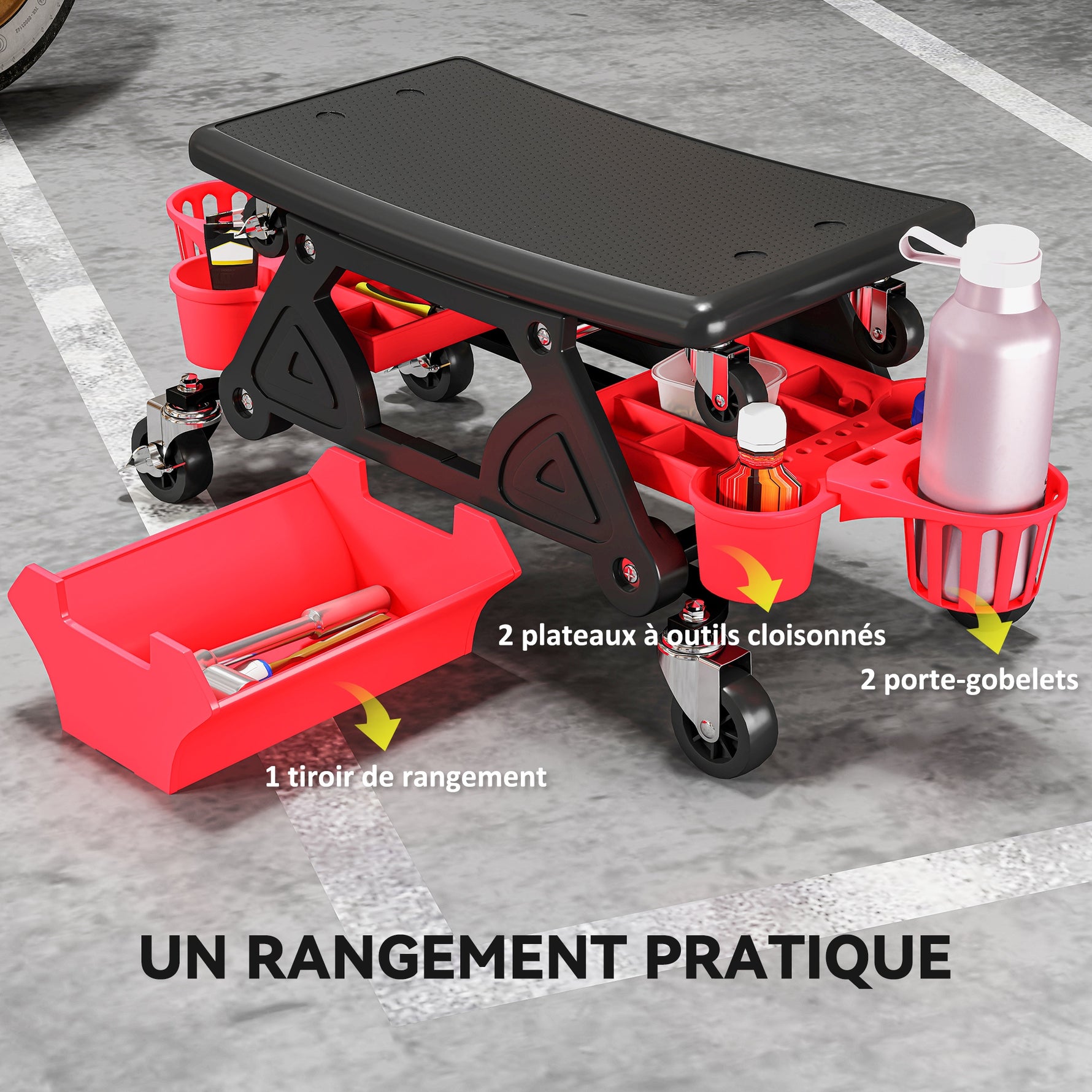 Tabouret d'atelier mobile 135 kg, tabouret de mécanicien avec roulettes rotatif à 360° avec plateaux, 86x33x33cm, rouge