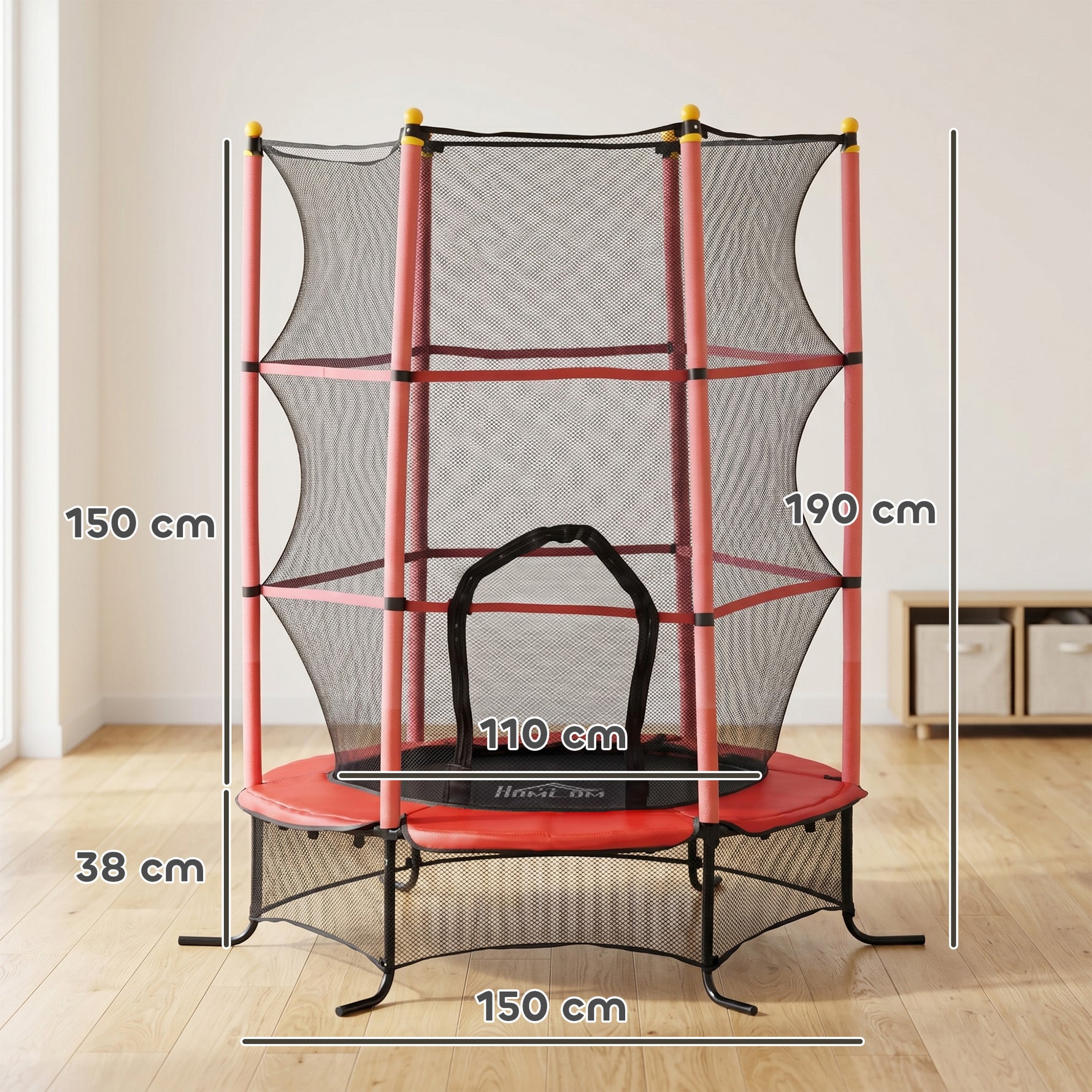 Trampoline Enfant Ø 1,63 × 1,9H m Filet de sécurité Porte zipée Couvre-Ressorts 6 poteaux rembourrés Inclus Rouge
