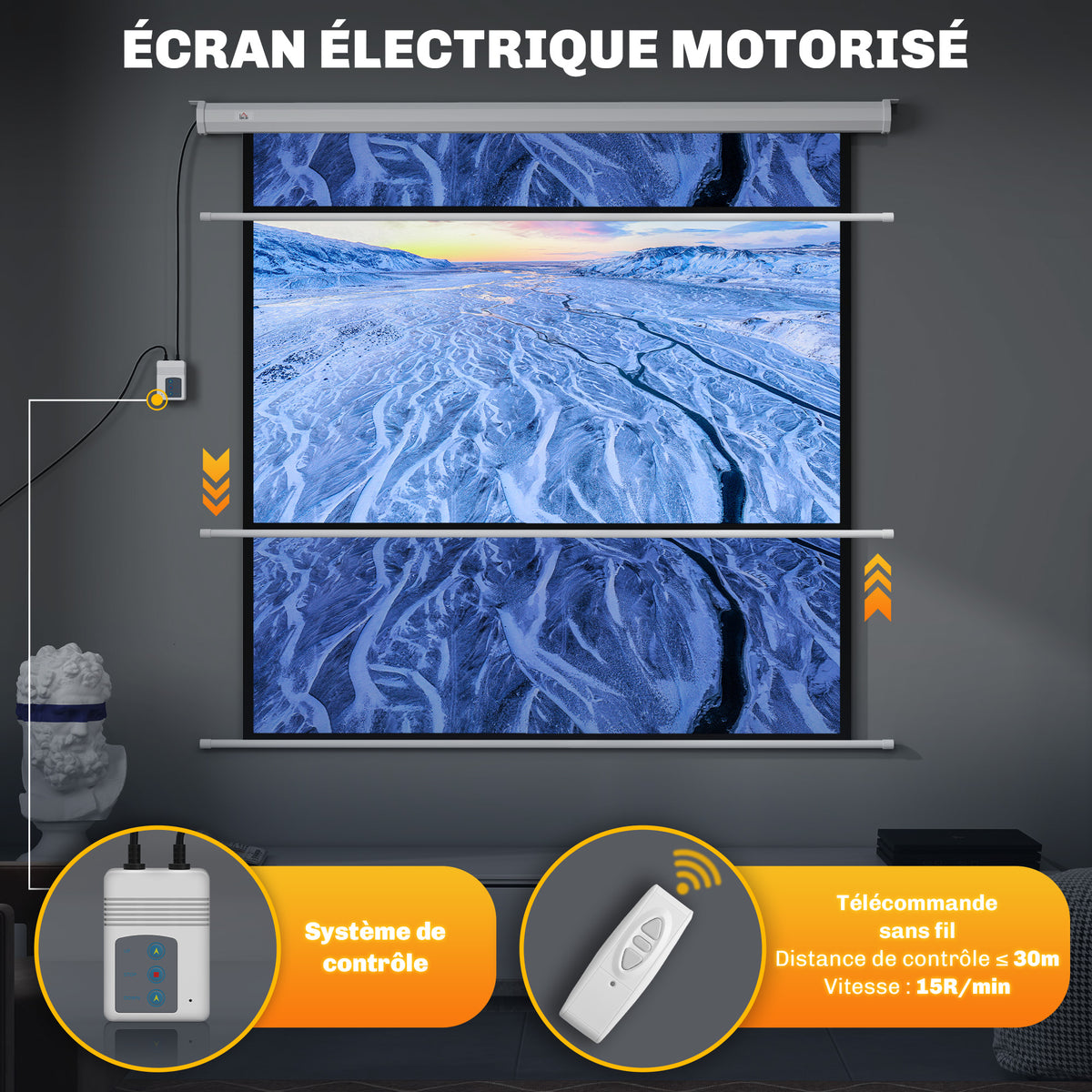 Écran de projection motorisé 85 pouces, 4K HD électrique, montage mural ou plafond, panneau de commande et télécommande