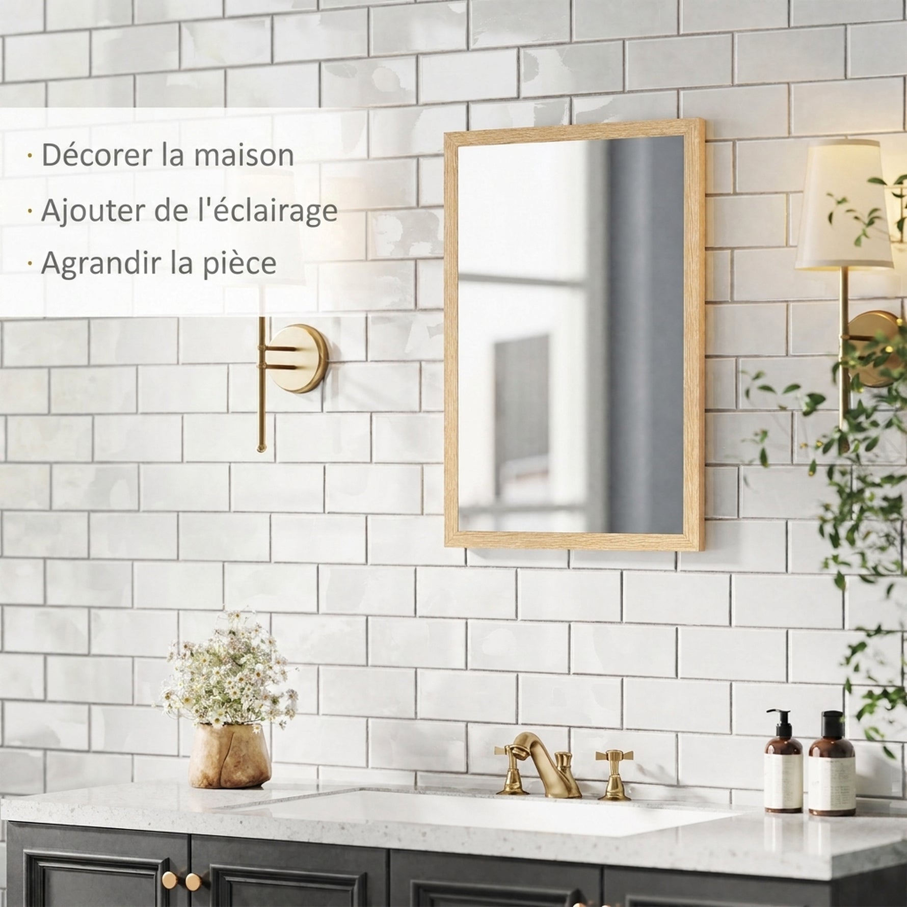 Miroir mural rectangulaire 50 x 70 cm, cadre en bois, idéal pour la salle de bain, salon ou chambre, naturel