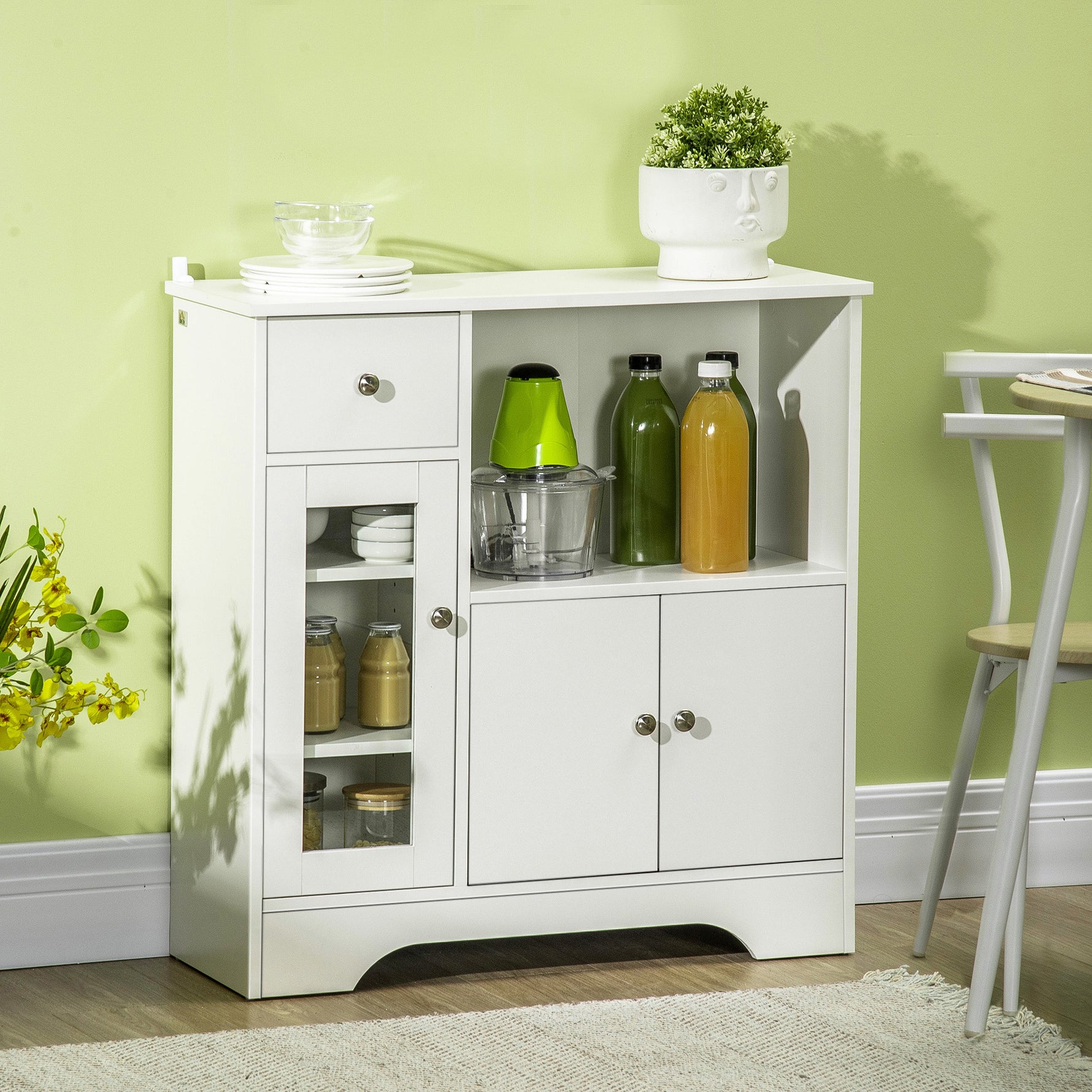 Buffet de cuisine moderne avec porte en verre, tiroir, grande niche et étagères réglables 80 x 30 x 82 cm blanc