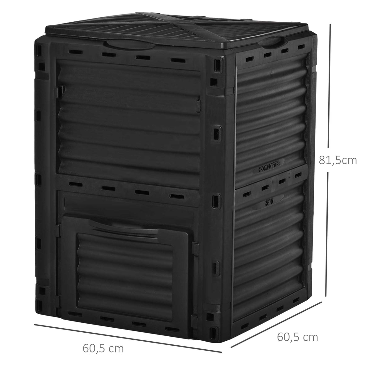 Tuincompostvat 300L compostbak voor de tuin van polypropyleen 48 ventilatieopeningen 60,5 x 60,5 x 81,5 cm zwart