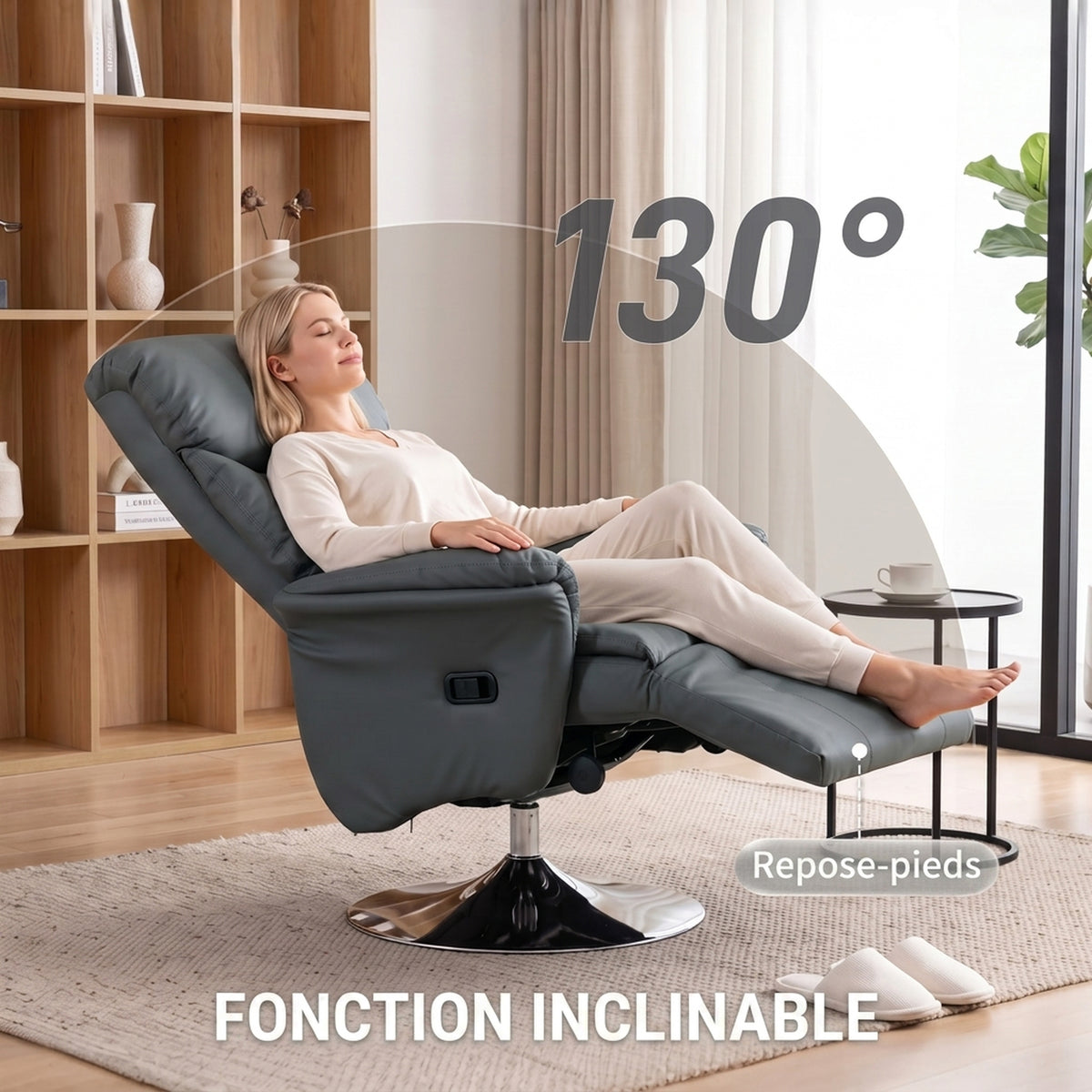 Draaibare relaxfauteuil, verstelbaar met voetensteun, tot 150 kg, voor woonkamer, slaapkamer, thuisbioscoop, grijs