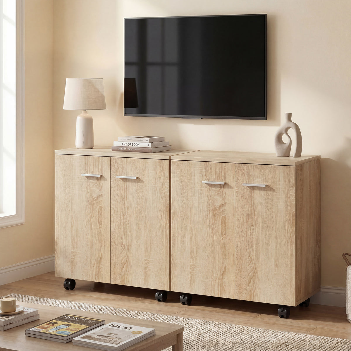 Meuble de Rangement Buffet bas sur roulettes avec 2 Portes étagère Interne 60 x 35 x 65 cm bois naturel