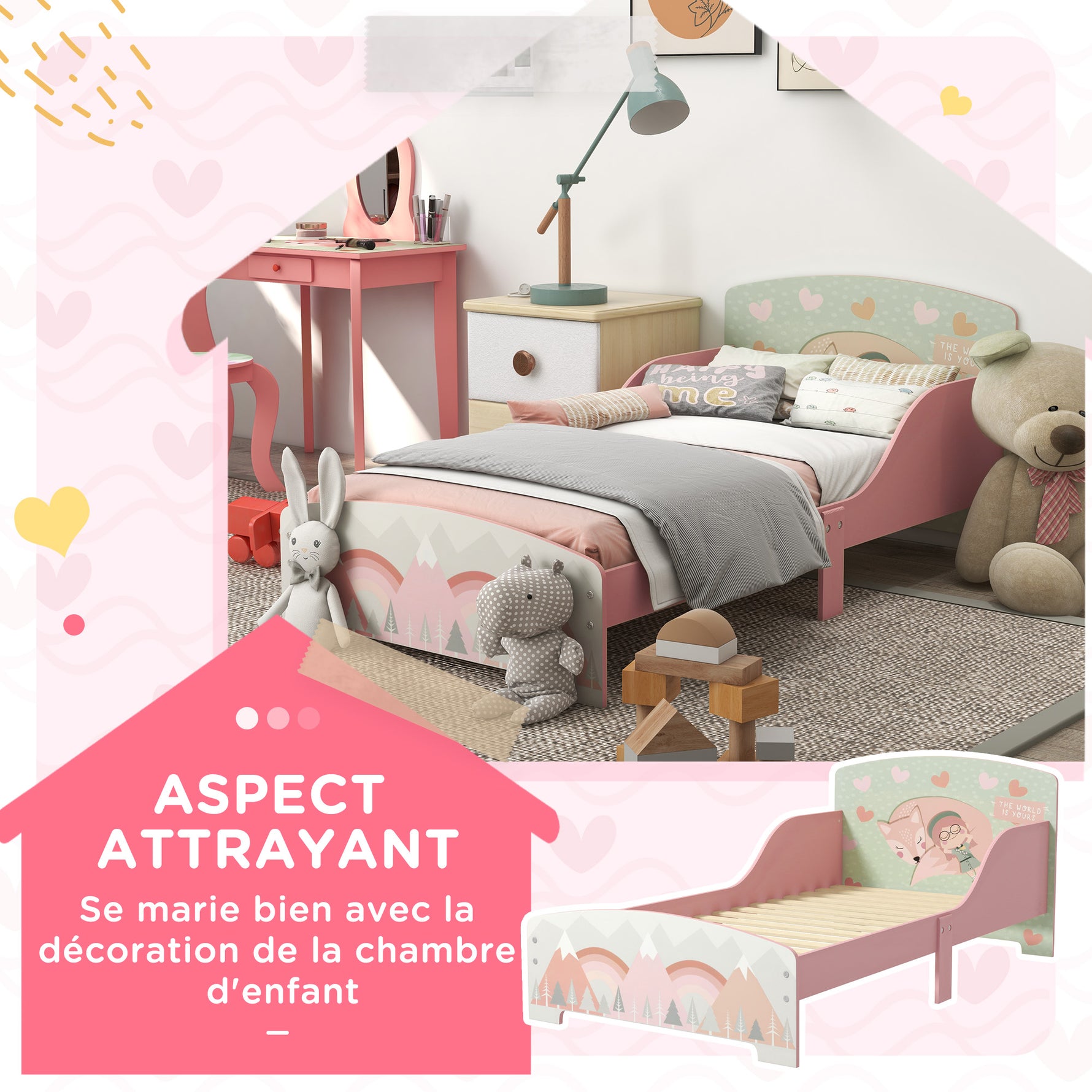 Lit pour enfant 3-6 ans avec barrières de sécurité et motifs dim. 77 x 143 x 60 cm sommier à lattes inclus - rose