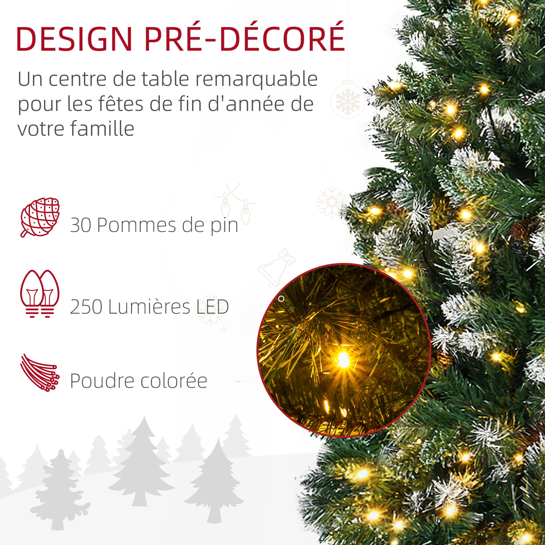 Sapin de Noël artificiel lumineux 703 branches 250 LED 30 pommes de pin support pied pliable hauteur 180 cm Ø 80 vert