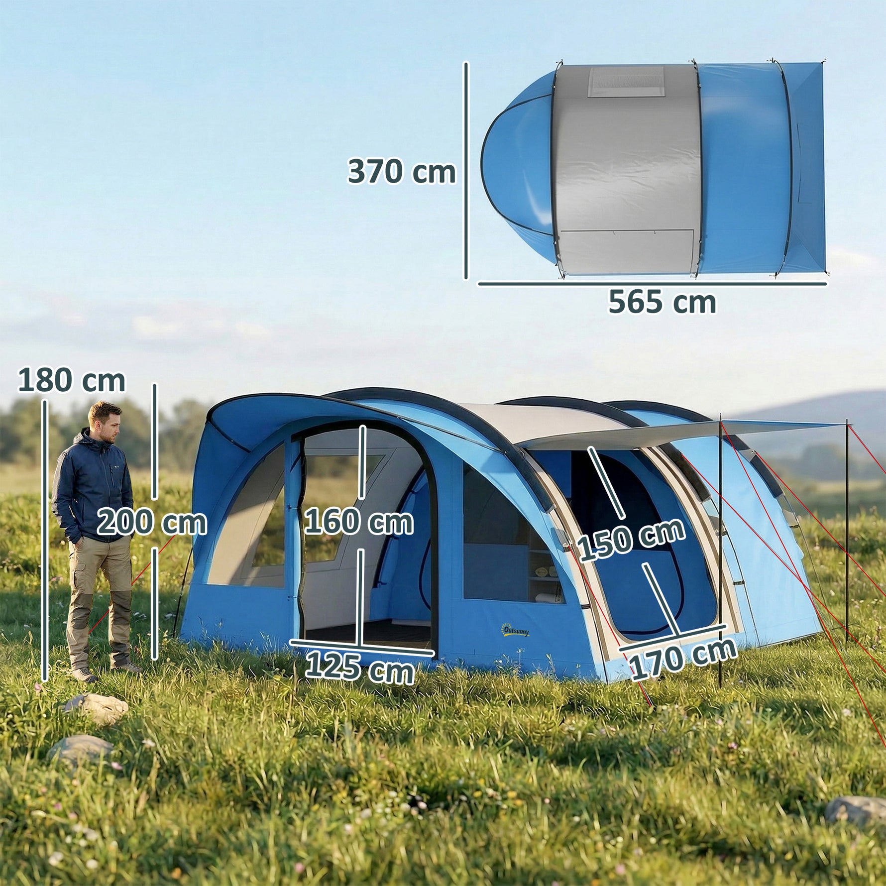Grande Tente Tunnel Camping 4 Personnes 3-4 Saisons Hauteur d'Homme 2 m Séjour XL 3,7 m Imperméable 3000mm Bleu