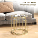 Lot de 2 tables basses gigognes rondes modernes avec cadre en métal et plateau en verre, ton doré