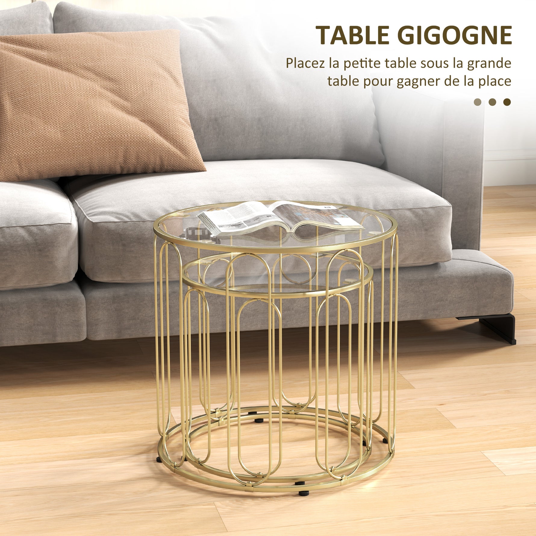 Lot de 2 tables basses gigognes rondes modernes avec cadre en métal et plateau en verre, ton doré
