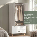 Armoire chambre penderie 2 portes à fermeture douce, 2 tiroirs et barre de suspension, 80x54x180cm, blanc