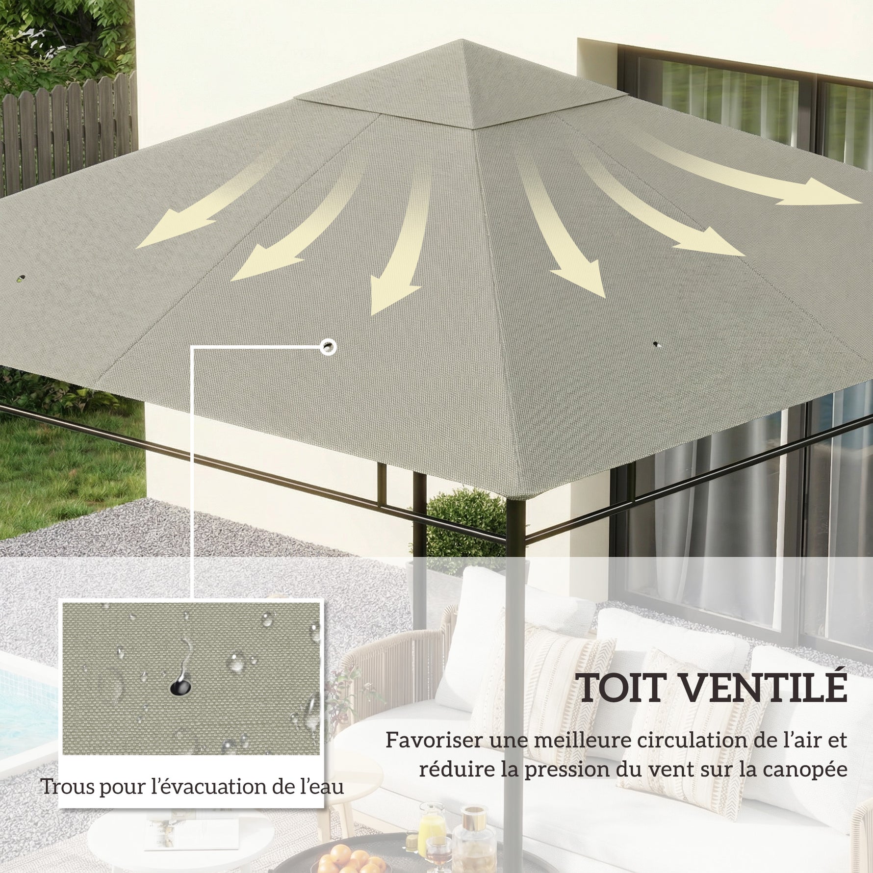 Toile de rechange pour pavillon tonnelle tente toit de remplacement gazebo de jardin polyester 180 g/m² 3 x 3 m gris