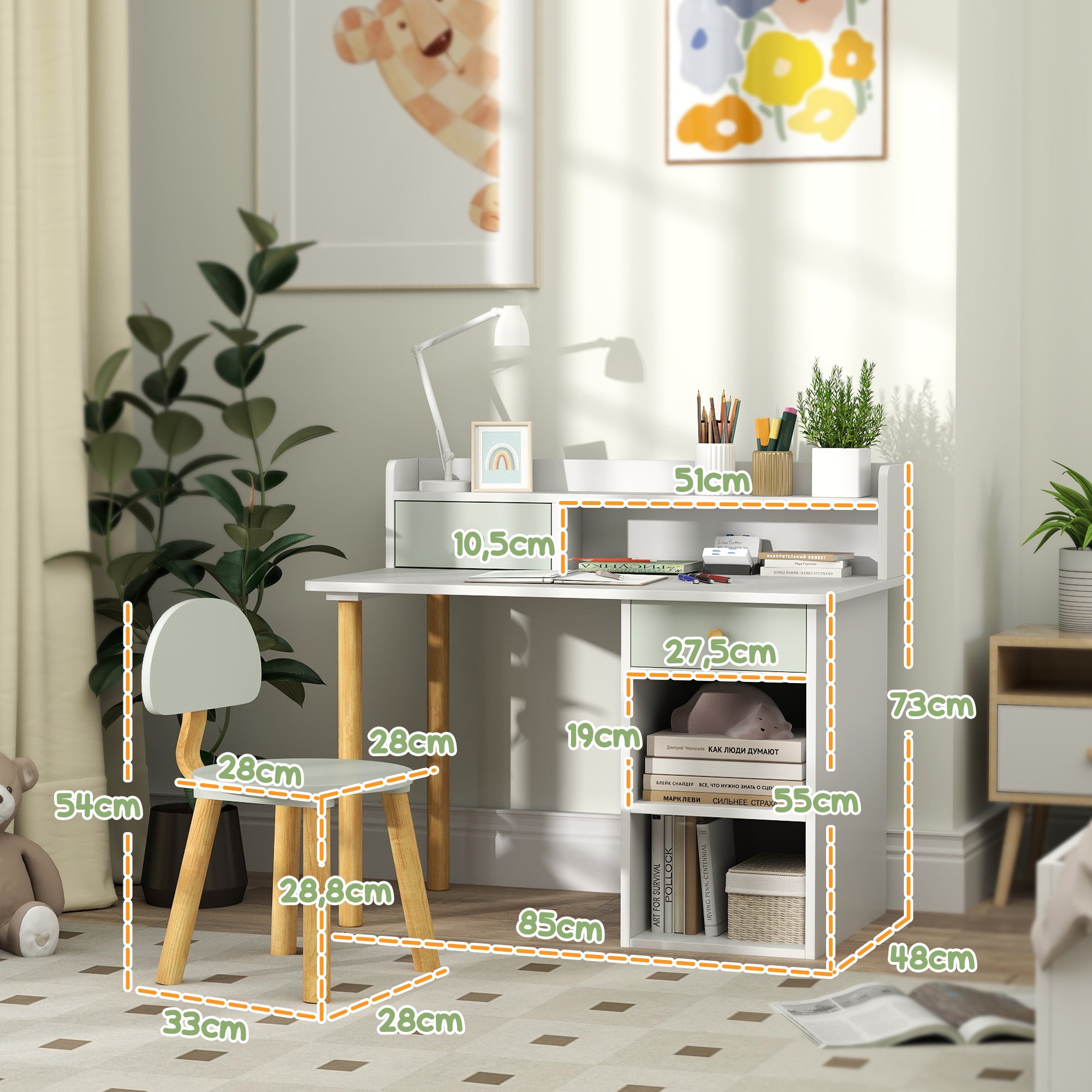 Bureau enfant avec chaise, table enfant et chaise avec 2 tiroirs et étagères ouvertes, 85 x 48 x 73 cm, vert