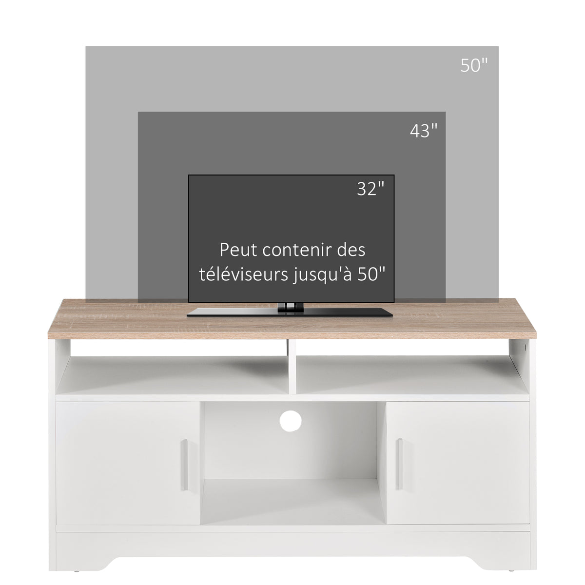 Meuble TV banc TV en bois grand espace de rangement avec 2 compartiments ouverts 2 armoires à porte une armoire ouverte 105 x 40 x 52 cm blanc