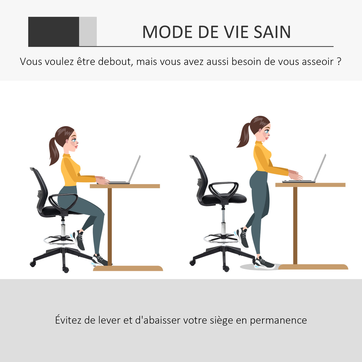 Fauteuil de bureau chaise de bureau assise haute réglable tabouret de bureau pivotant 360° maille respirante