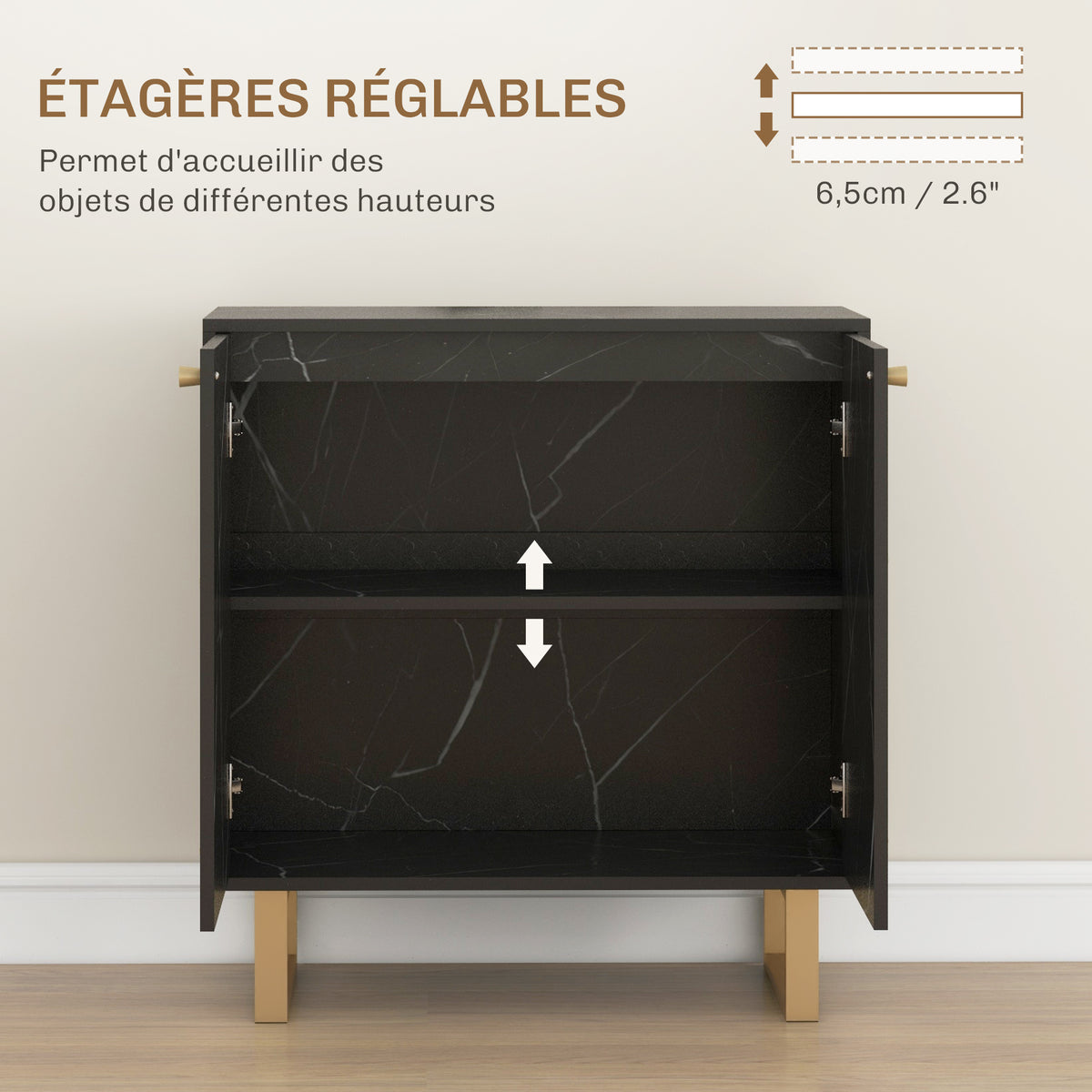 Buffet de rangement avec 2 portes et étagère réglable pieds en métal 76 x 35 x 77 cm ton marbre noir