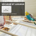 Cage à Oiseaux Volière Intérieur Acier avec Séparateur, 4 Perchoirs, Plateau Coulissant, 4 Mangeoires, 76x46x46cm, Blanc