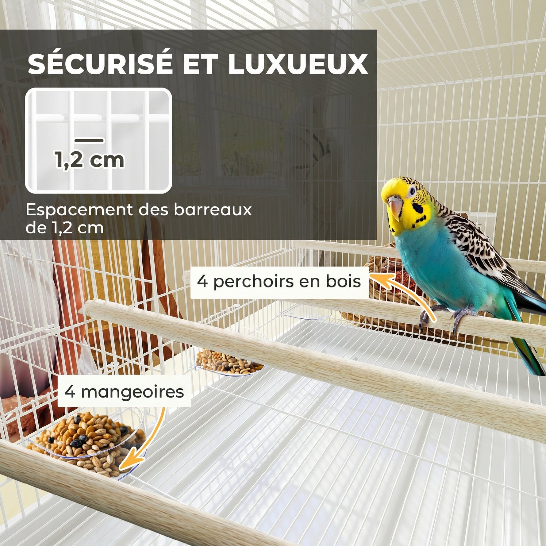 Cage à Oiseaux Volière Intérieur Acier avec Séparateur, 4 Perchoirs, Plateau Coulissant, 4 Mangeoires, 76x46x46cm, Blanc