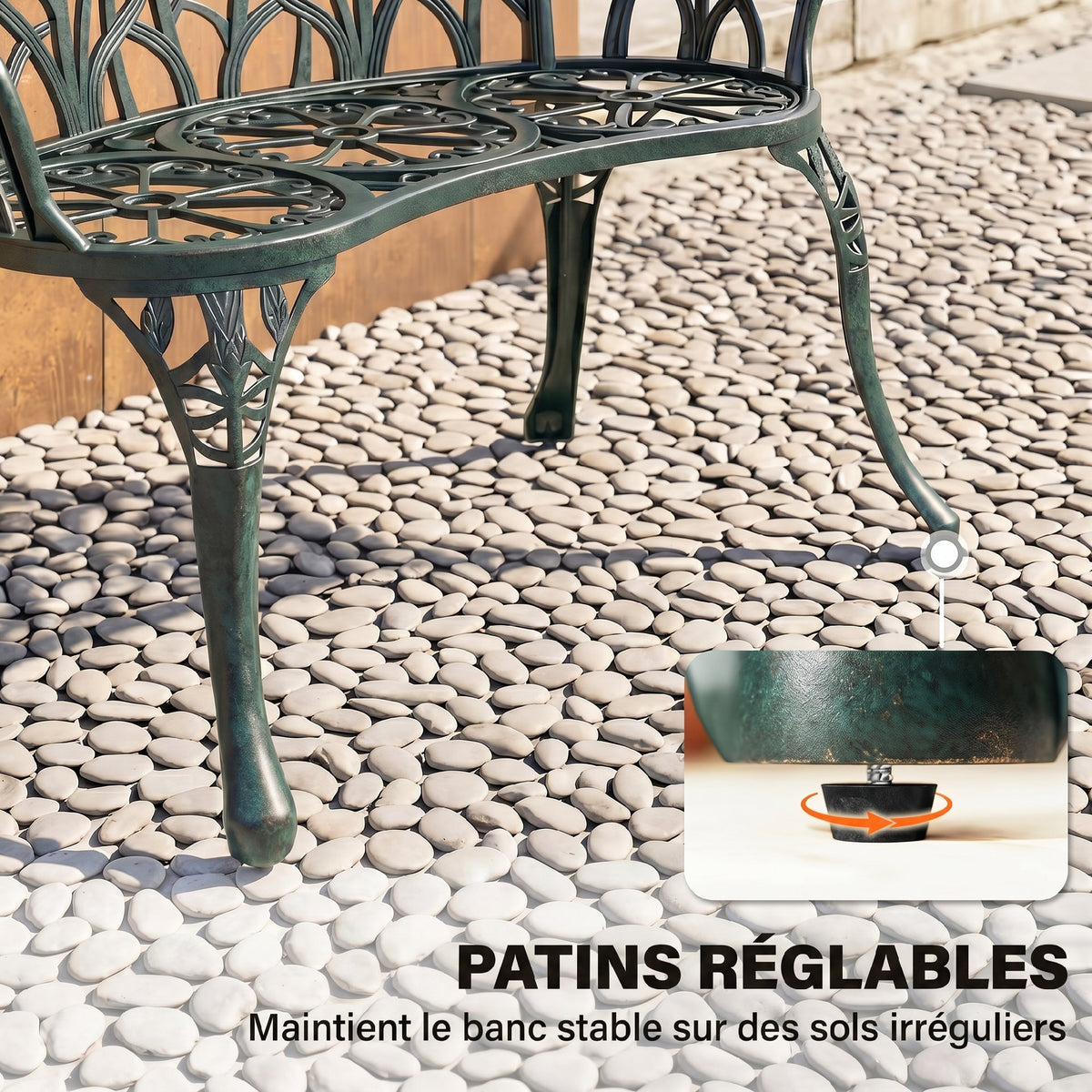 Cast aluminum garden bench, 2-seater outdoor bench with tulip backrest, floral seat, 99x57x78cm, antique green